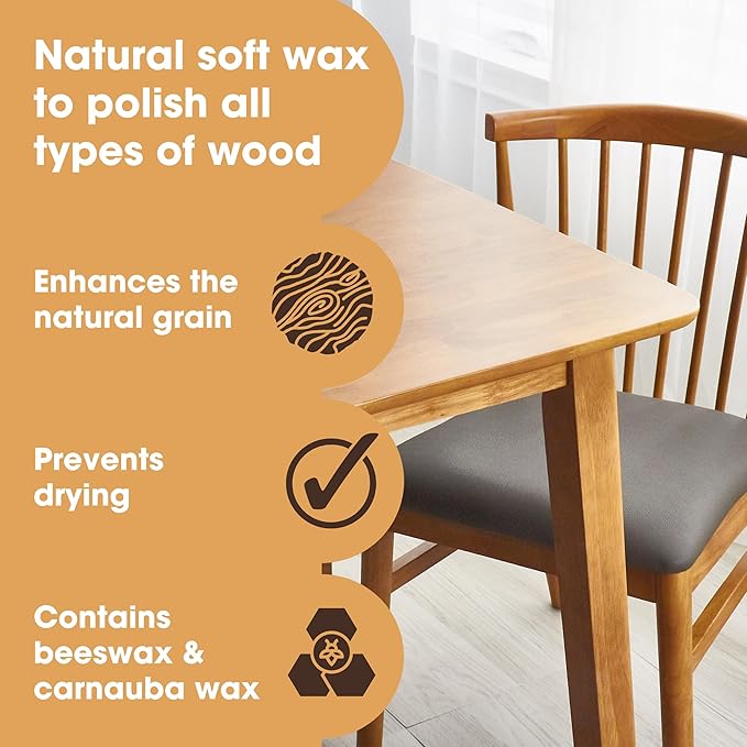 Furniture Clinic Wood Wax & Polish | Clean, Nourish & Protect All Wooden Furniture & Kitchen Cabinets from Dryness & Scratches | Orange Oil & Beeswax | Use on Treated & Untreated Wood (8.5oz / 250ml)