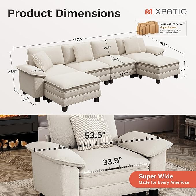 MIXPATIO 157-Inch U Shaped Sectional Sofa with Cloud Cushions, Deep Seat Modular Couch Set w/ 6 Seats & 2 Ottomans, Removable Arms, Plush Chenille Upholstery for Living Room, Apartment - Beige