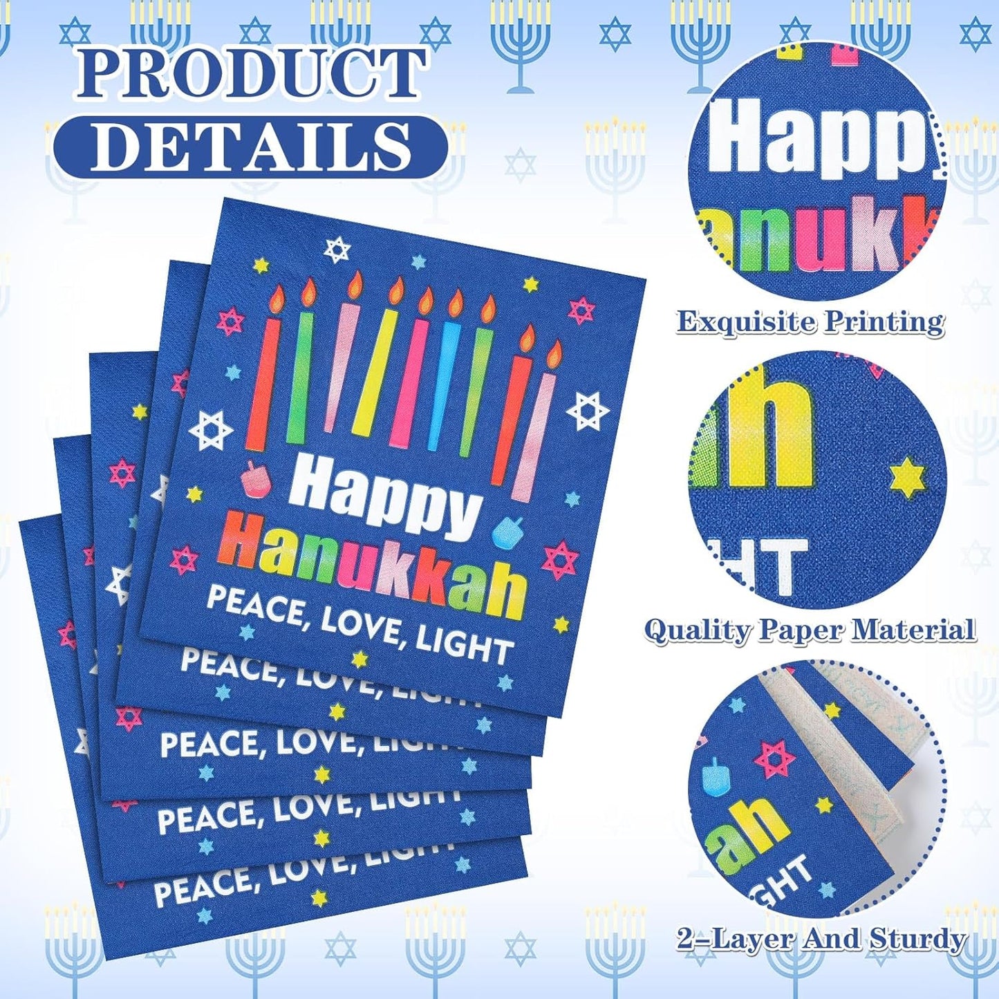 60 Pcs Happy Hanukkah Cocktail Paper Napkins 6.5 x 6.5 Inches Disposable Paper Napkins Dessert Beverage Napkin for Decoupage Luncheon Napkin for Party Wedding Birthday Party