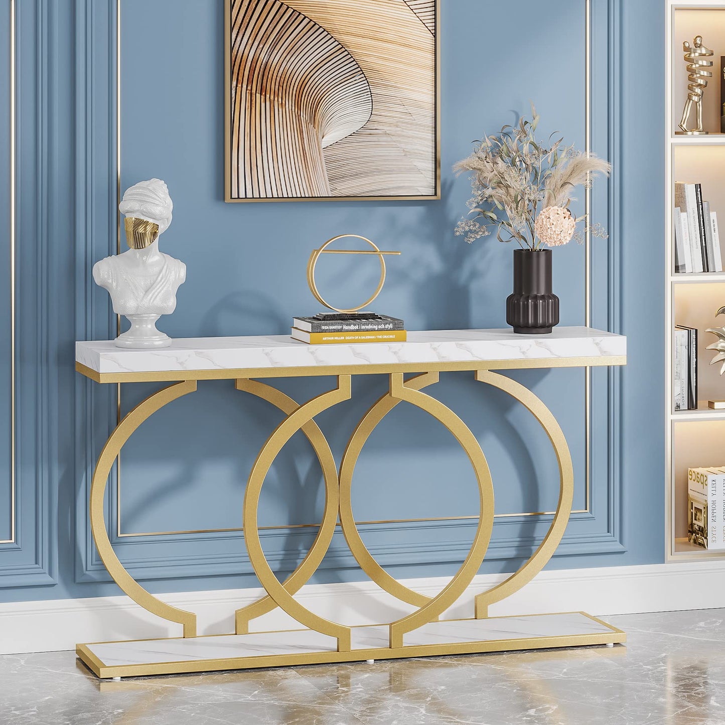 Tribesigns Gold Console Table, 55 inch Modern Entryway Table with Geometric Metal Frame, Faux Marble Narrow Long Sofa Table for Living Room, Entrance, Hallway, White and Gold