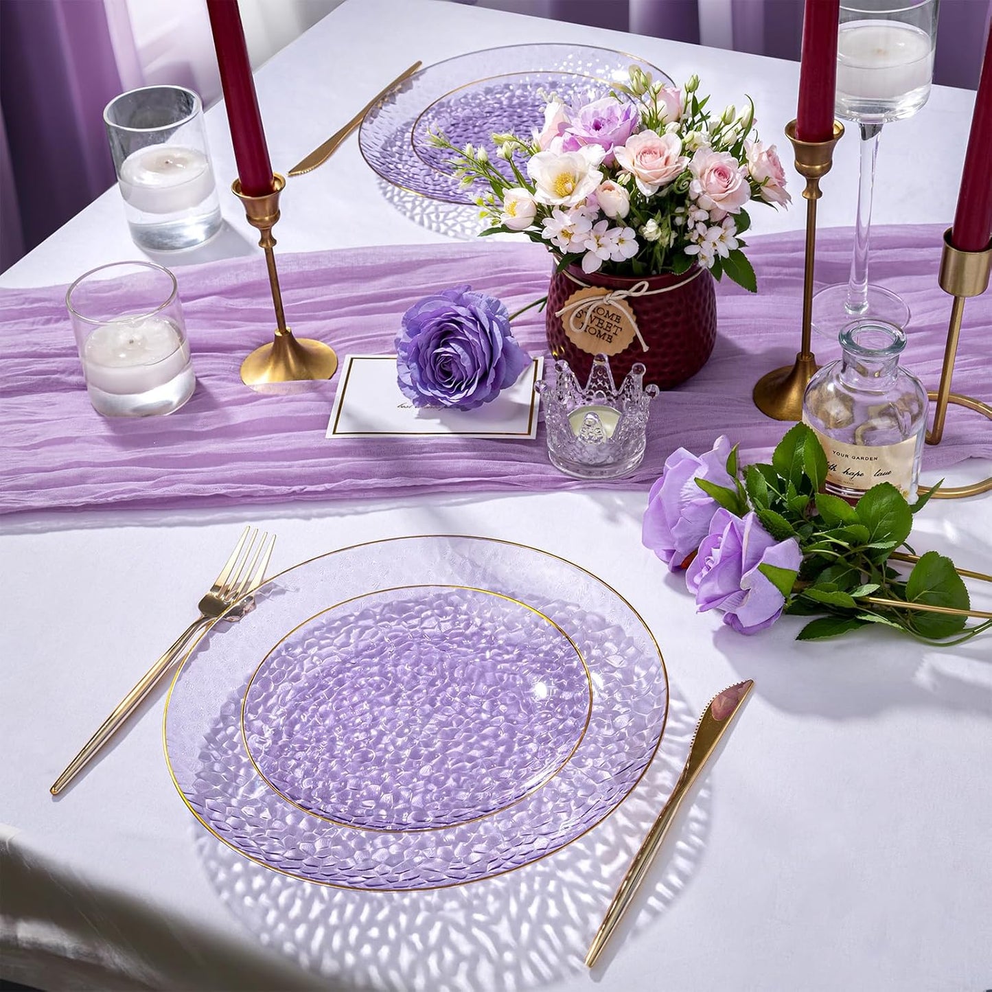 Rubtlamp 100Pcs Purple Gold Plastic Plates, Purple Disposable Plates With Gold Rim, Hammered Plastic plates Include 50 Clear Dessert Platos, 50 Dinner Platos for Party