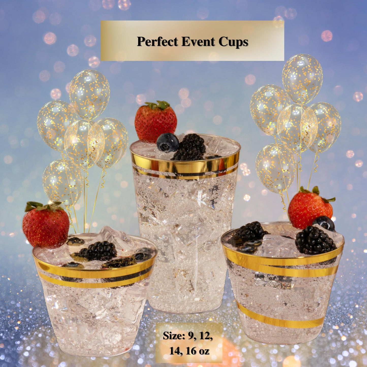 Perfect Settings 110 Gold Swirl Clear Plastic Cups 9 Ounce - Holiday Wedding Party Elegant Trimmed Disposable Cups - Fancy Wedding Cups