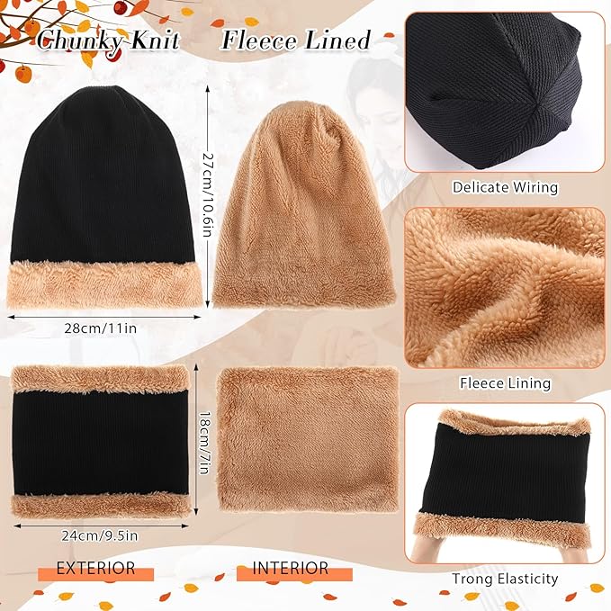 SATINIOR 5 Pcs Winter Beanie Hat Scarf Gloves Set Fleece Lined Knit Hat Warm Touch Screen Gloves Earmuff Warmer for Women(Black,Trendy Style)