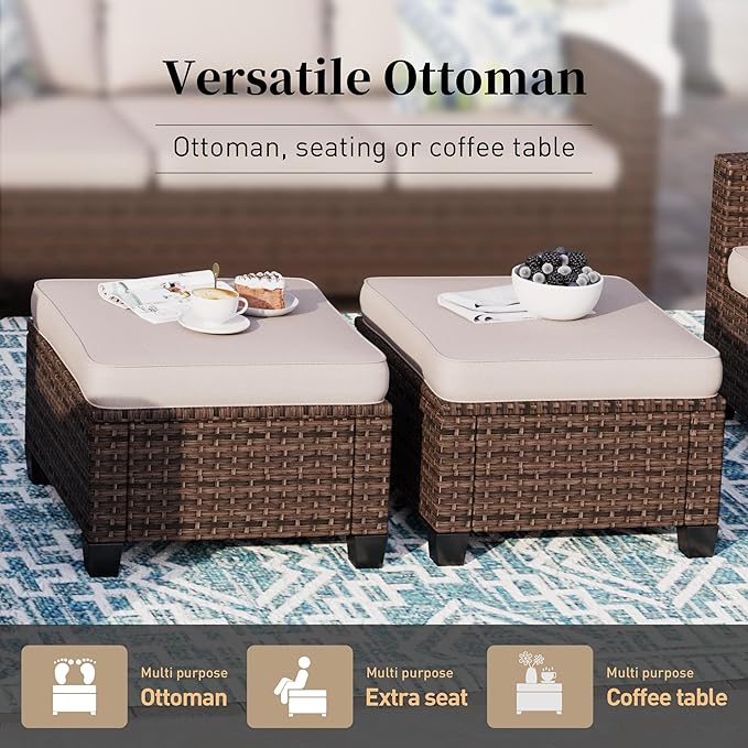SUNSHINE VALLEY Swivel Glider Patio Furniture Set Outdoor Furniture Brown Wicker Rattan Patio Conversation Sets with Cushion Outside Sofa Set,6 Pieces 9 Seats,Beige