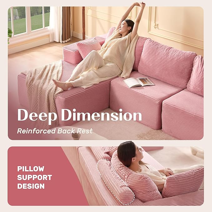 Afuson 107" Boneless Couch with Deep Seat, Modular Sectional Sofa, Cloud Sectional Couch for Living Room, No Assembly Required, Corduroy, U-Shape 3 Seater Left, Pink