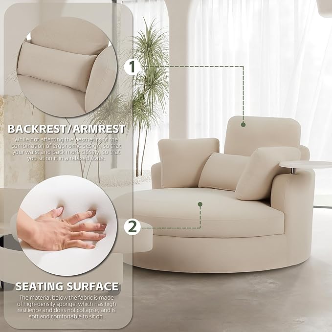 Yoglad Oversized Round Swivel Accent Chair - 360 Degree Chairs with Ottoman Armrest Tray Ideal for Living Room, Bedroom(Corduroy Beige)