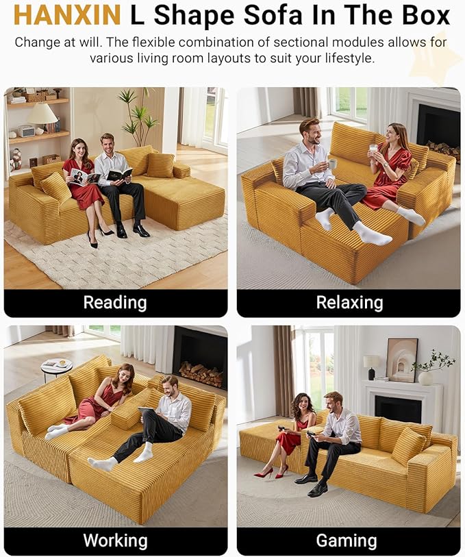 105 Inch Modular Sectional Sofa,Modern Cloud Sectional Couch with Deep Seat,Corduroy Boneless Couches with L-Shape Chaise for Living Room Bedroom,No Assembly Required (Yellow, Right Facing Chaise)
