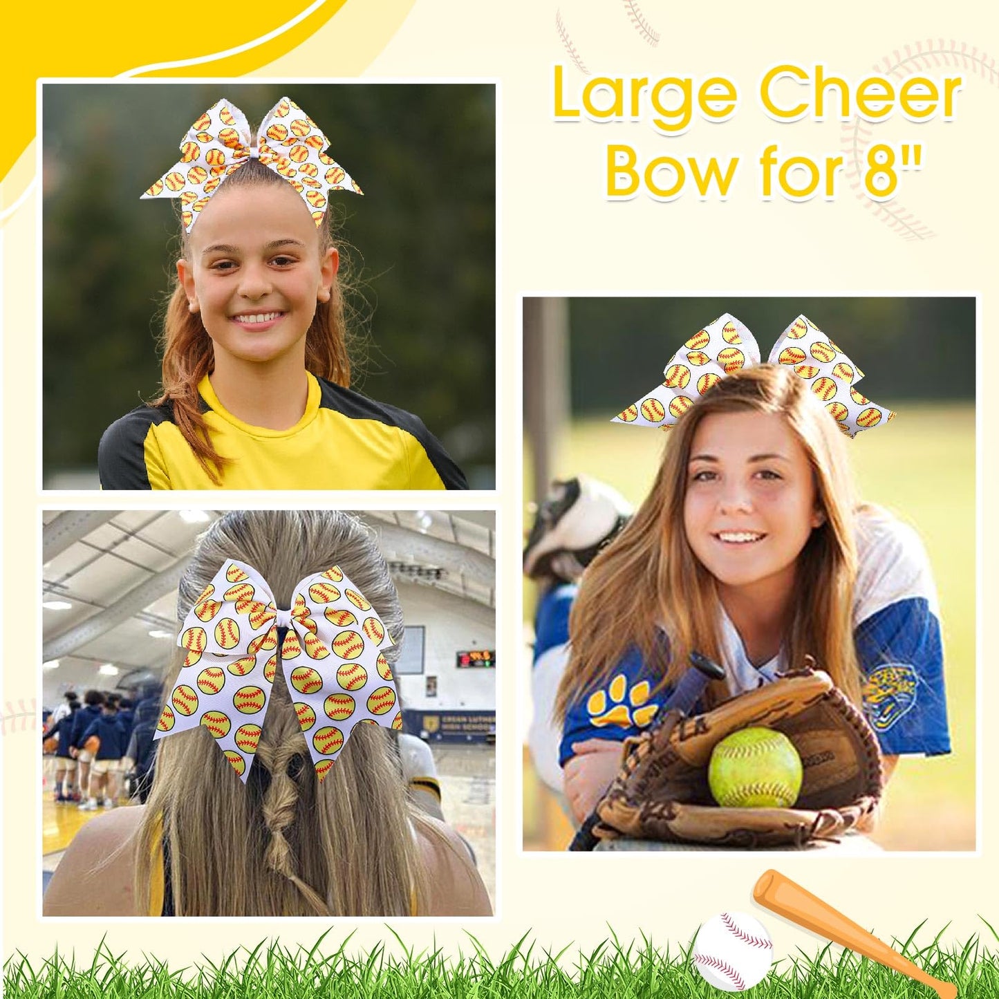 10 PCS 8 Large Glitter Softball Cheer Bows for Cheerleaders, CN Sparkly Baseball Hair Bows with Elastic Hair Ties Accessories fo