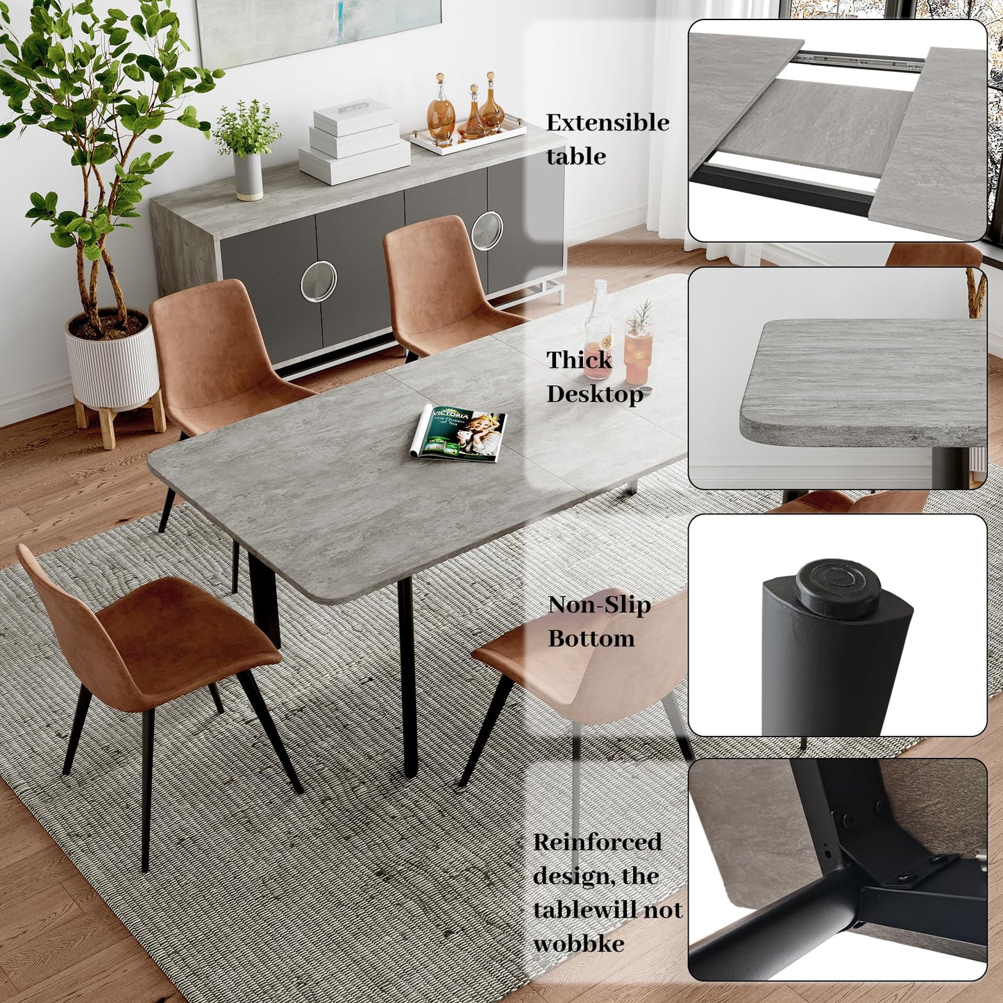 HIPIHOM 63"- 78.7" Extendable Dining Table with 6 Brown Dining Chairs, Modern Kitchen Table Set for 6, Thickened Expandable MDF Wooden Table with Metal Legs for Dining Room, Kitchen, Home