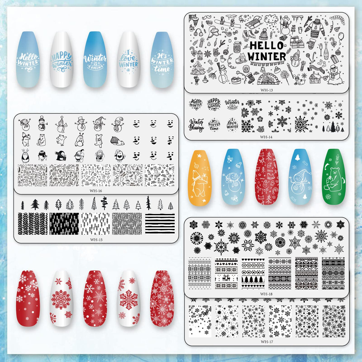 Whaline 6 Pieces Winter Nail Art Stamping Plates Kit Snowman Snowflake Pine Tree Sweater Image Stamp Templates Hello Winter Nail