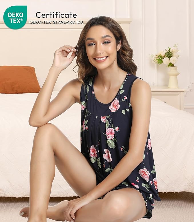 NACHILA Pajamas for Women-Viscose from Bamboo, Ribbed Racerback Tank Top Sexy Split Shorts Pajama Sets Cooling Sleep Cami Pjs