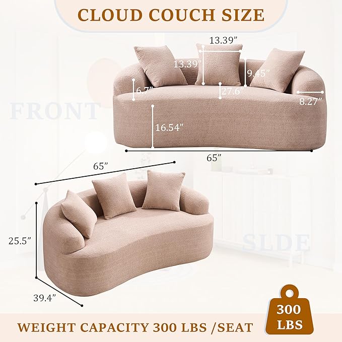 65'' Modern Curved Cloud Loveseat Sectional Sofa for Small Spaces, Luxury Plush Chenille Deep Seat Couch with 3 Pillows, No Assembly Needed Apartment Living Room Furniture, Apricot Cream