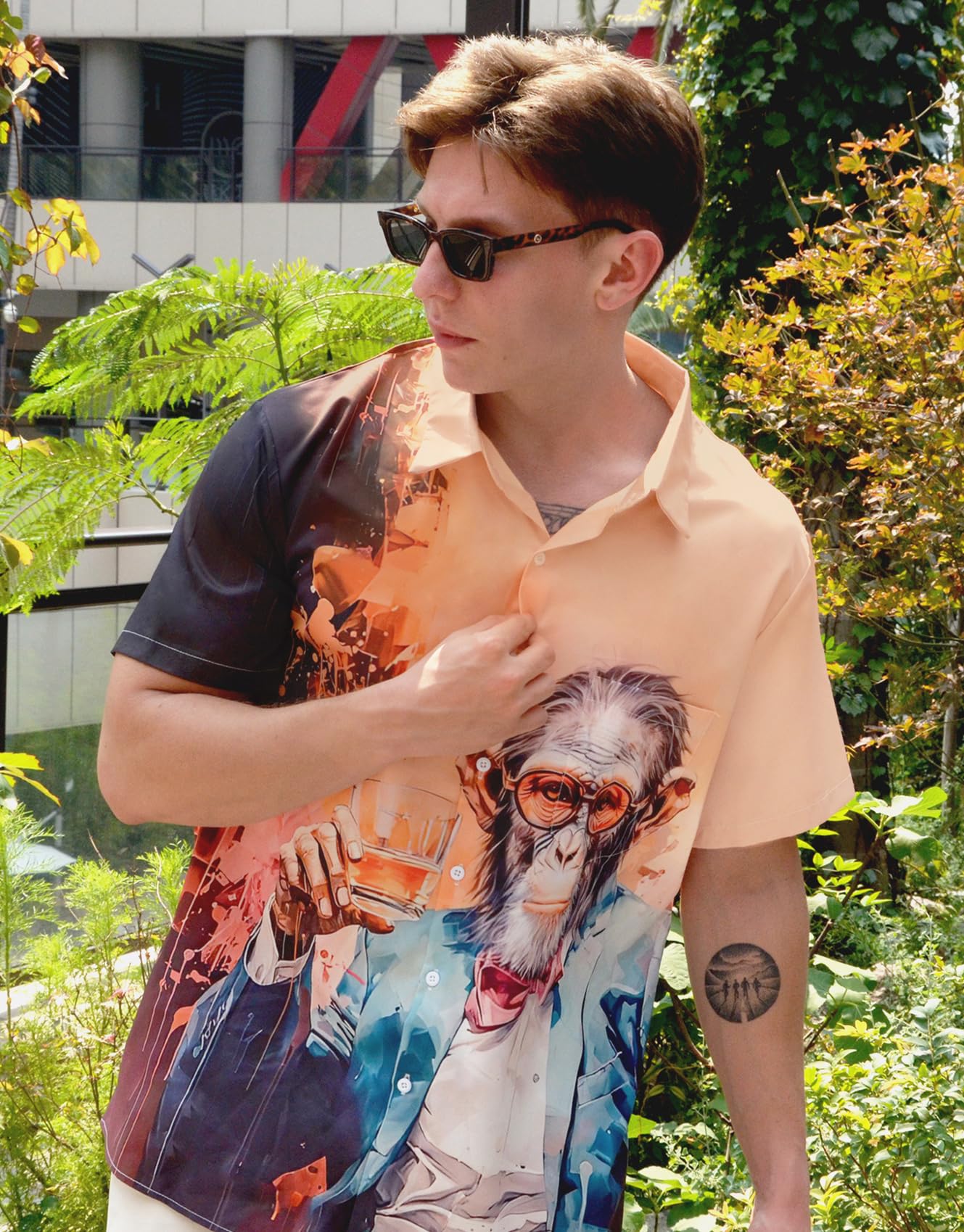 Men's Hawaiian Button Down Shirt, Monkey Print Design, Short Sleeve Regular Fit, Black and Brown