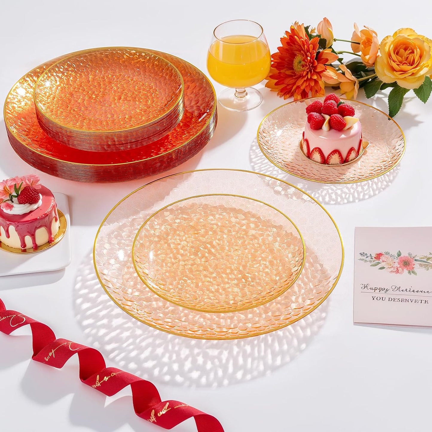 Rubtlamp 100Pcs Orange Plastic Plates, Orange Disposable Plates With Gold Rim, Hammered Plastic Plates Include 50 Dessert Platos, 50 Dinner Platos for Party