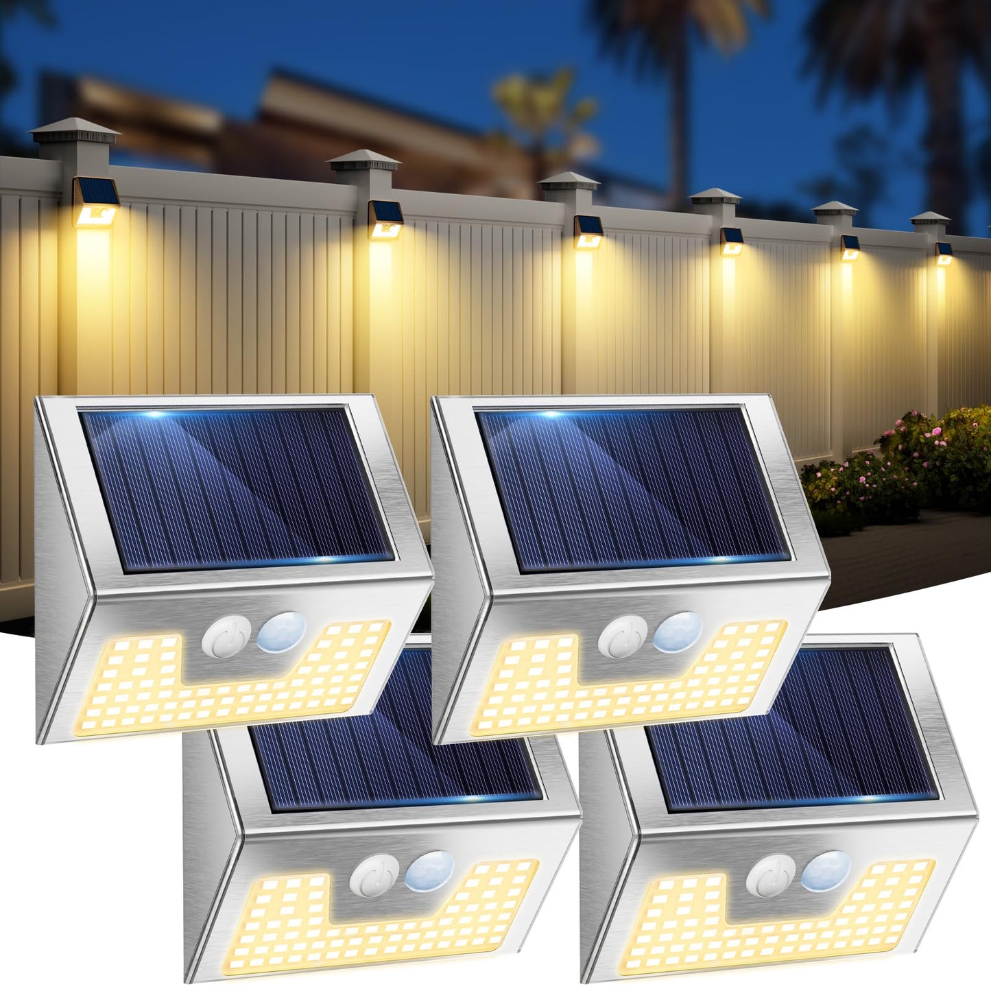 vighep 4 Pack Solar Lights Outdoor Motion Sensor, Waterproof Fence Lights 3 Lighting Mode, Warm White LED Outside Light Wireless for Fence Wall Yard Steps Stairs Garden -Stainless Steel
