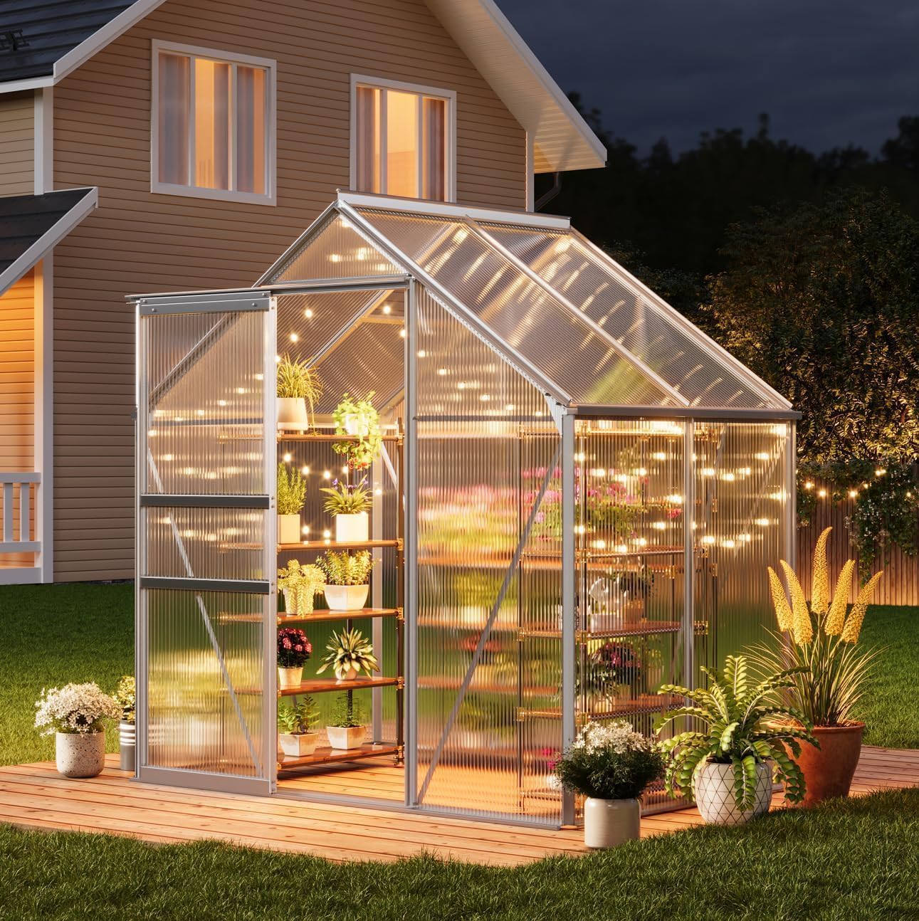 GarveeHome 6x4FT Greenhouse, Small Walk-in Polycarbonate Greenhouse with Adjustable Vent Window, Sliding Door, Portable Green House Kit for Outdoors, Winter