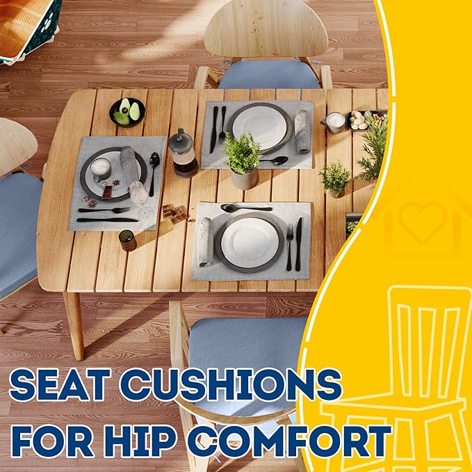 AAAAAcessories D-Shaped Chair Cushions, 2" Thick Dining Chair Pads with Ties and Removable, Machine-Washable Cover, 17" x 16", Set of 8, Light Blue