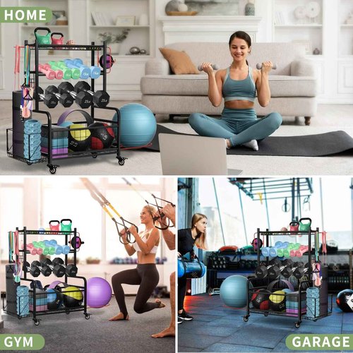Pro-Series Mobile Dumbbell Rack & All-in-One Gym Storage Organizer with Locking Wheels, Adjustable Shelves & 400LB Capacity
