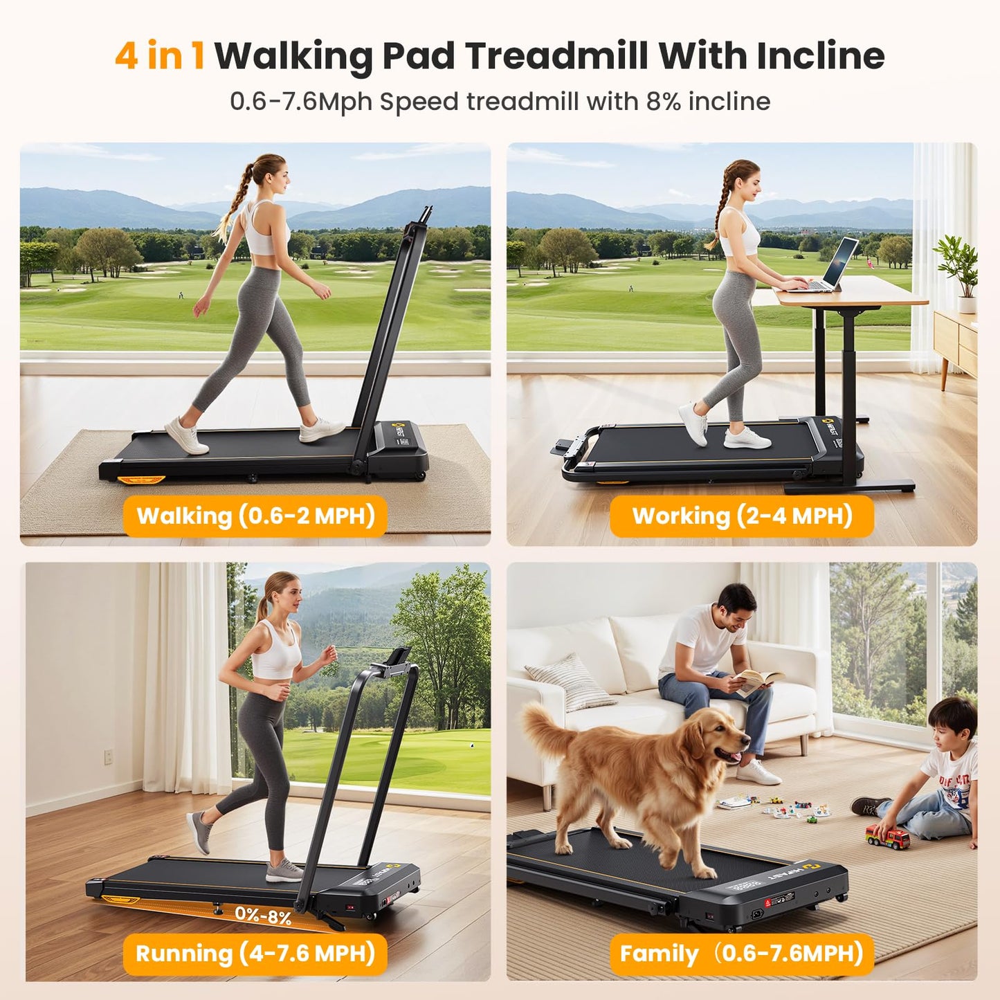 Hifast Walking Pad Treadmill, 3 in 1 Foldable Under Desk Treadmills for Home Office, Small Walking Pad with Incline Handle Bar, 300lbs Capacity 2.5HP Portable Running Machine with APP Remote Control