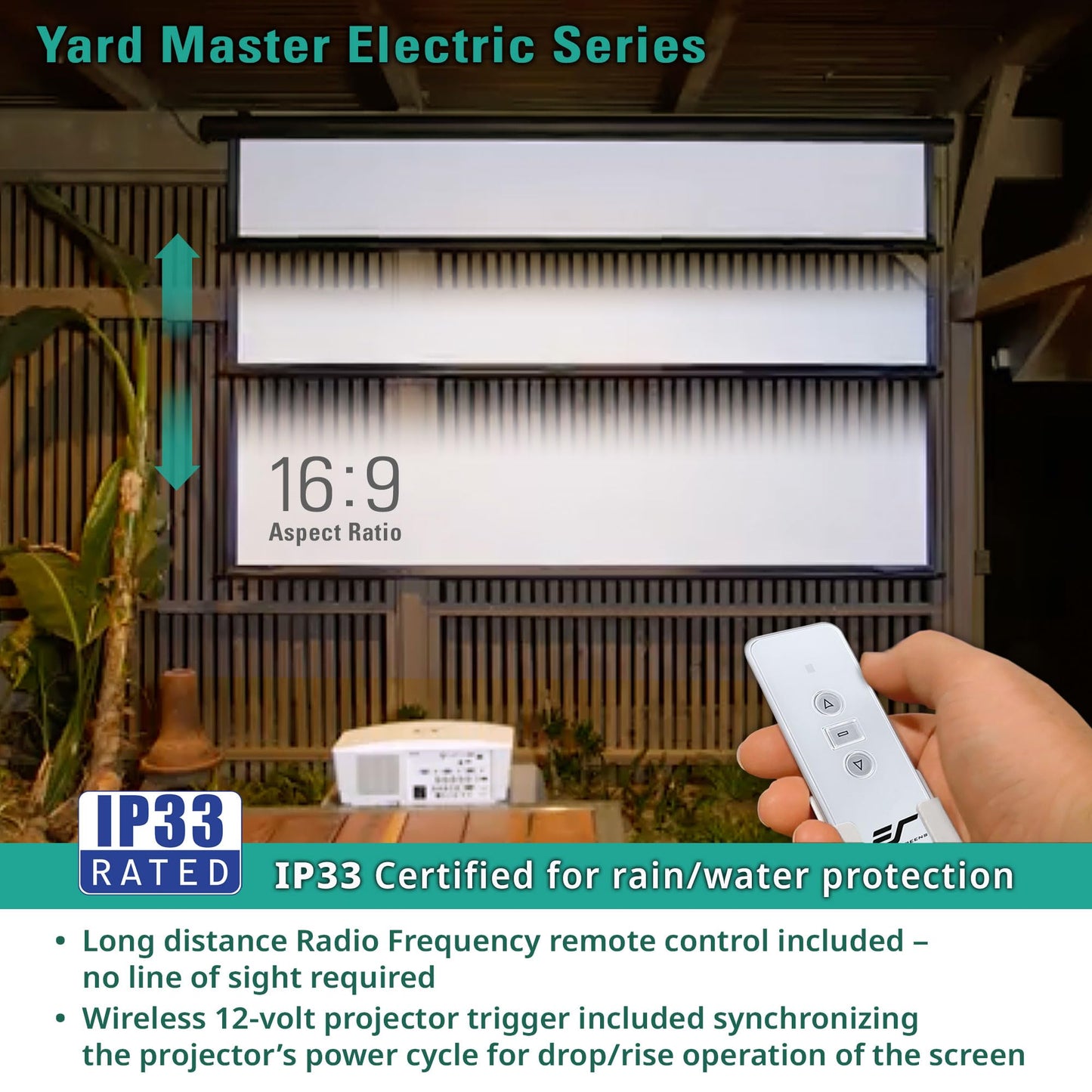 Elite Screens Yard Master Electric 165" Outdoor Motorized Projector Screen with RF Remote, IP33 Rain Protection, 4K/8K Ultra HD HDR Ready Backyard Patio Movie Screen – OMS165H-ELECTRIC