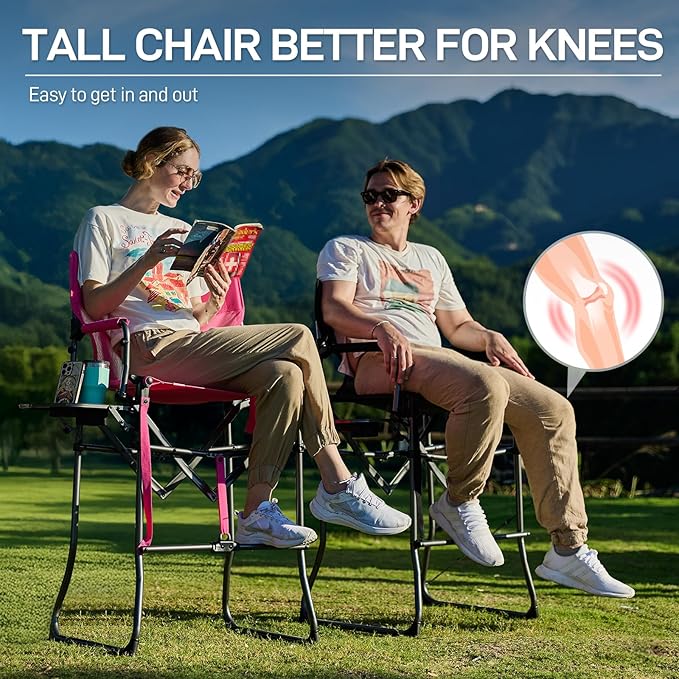 EVER ADVANCED Tall Textilene Camping Chair Mesh Directors Chair High Foldable Bar Stool with Side Table for Makeup Artist, Sports Event, Craft Show, Supports 350LBS Pink
