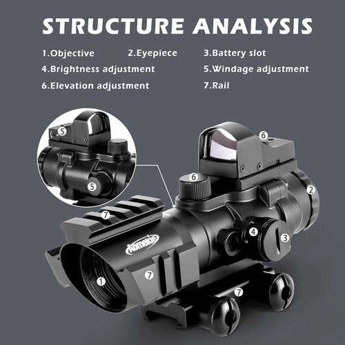 Aomekie 2-in-1 Combo Prism Rifle Scope 4X32 Compact Tactical Red & Green Dot Holographic with Adjustable Brightness