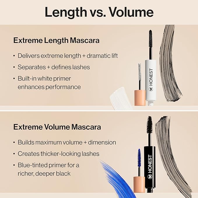 Honest Beauty 2-in-1 Extreme Length Clean Mascara Lash Primer Lengthening Volumizing Cruelty Free Safe for Sensitive Eyes Black .27 fl oz
