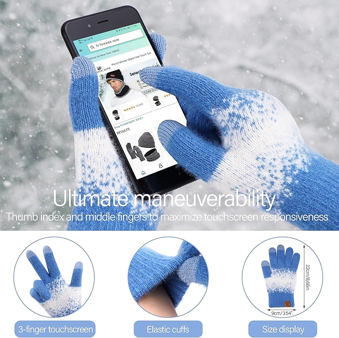 Womens Winter Knit Beanie Hats and Touchscreen Gloves Long Scarf Set with Warm Fleece Lined Skull Caps Scarves for Women