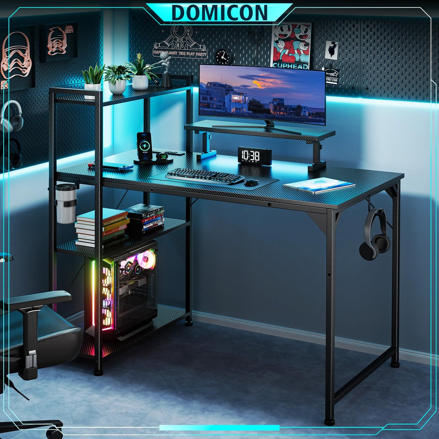DOMICON 47 Inch Gaming Desk with LED Light, Computer Desk with Reversible Storage Shelves and Power Outlets for Home Office, Black