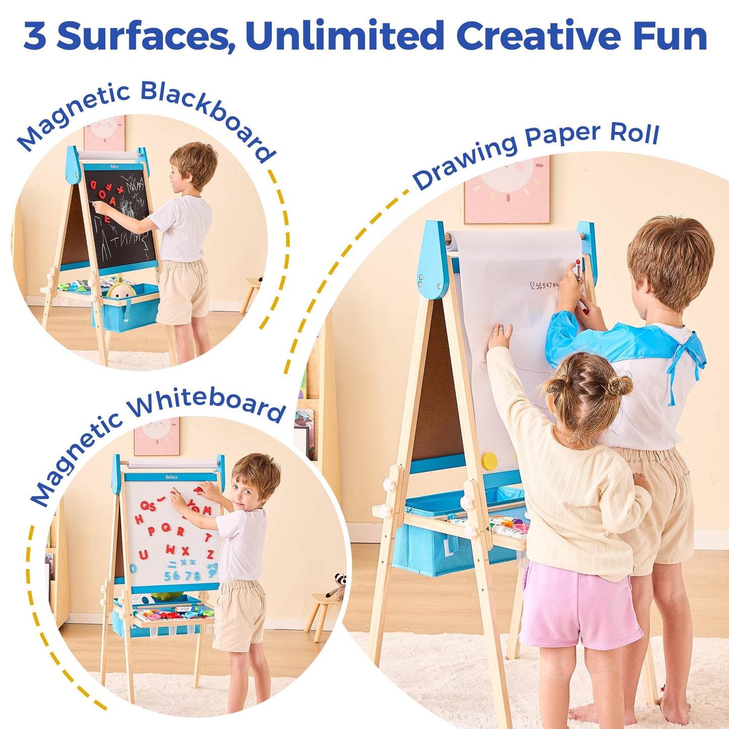 Belleur All-in-One Art Easel for Kids, Adjustable Double Sided Wooden Easel for Toddlers with Magnetic Whiteboard & Chalkboard, Paper Roll, Art Supplies, Child Painting Easel for Kid 2-8 Birthday Gift