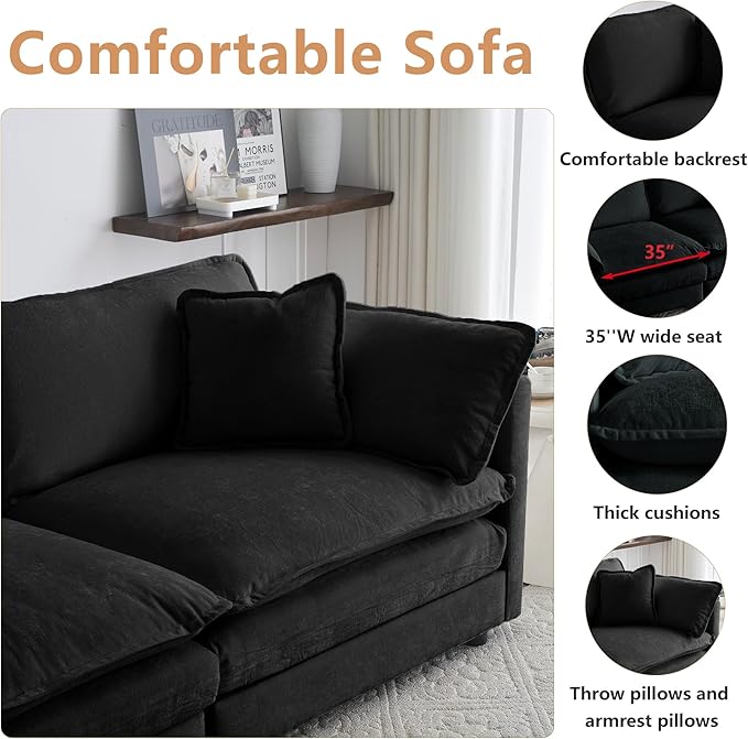 mikibama Luxury Loveseat Sofa Couch, 76" Modern Chenille Deep 2-Seater Cloud Couch with 2 Armrest Pillows and 2 Toss Pillows, Love Seat for Living Room Bedroom Office Apartment, Black