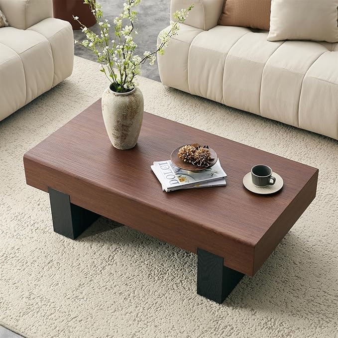 LKTART 46'' Rectangle Coffee Table for Living Room, Walnut Wood Grain Pattern Thick Sturdy Legs Coffee Table with Storage for Dining Room Apartment Small Space (Walnut Wood)