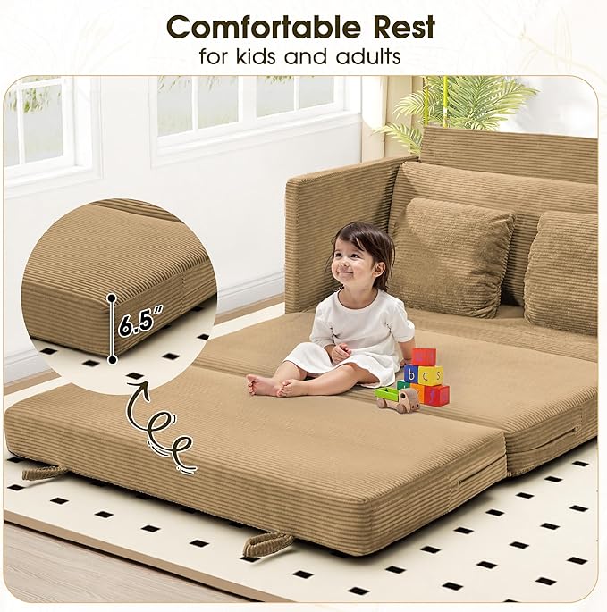 Myroyalsit 65" Convertible Loveseat Sofa Bed, 2-in-1 Folding Sofa Bed with 2 Pillow for Small Spaces, Modern Loveseat Sleeper Couch for Apartment, Living Room & Guest Room (Brown Corduroy, 65 inch)