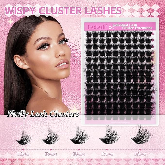 FADLASH Lash Clusters 200D Thick Eyelash Clusters D Curl Volume Cluster Eyelash Extensions 12-18mm Individual Lashes 3D Effect DIY Lash Extension Clusters (200D-0.07-D,12-18mm)