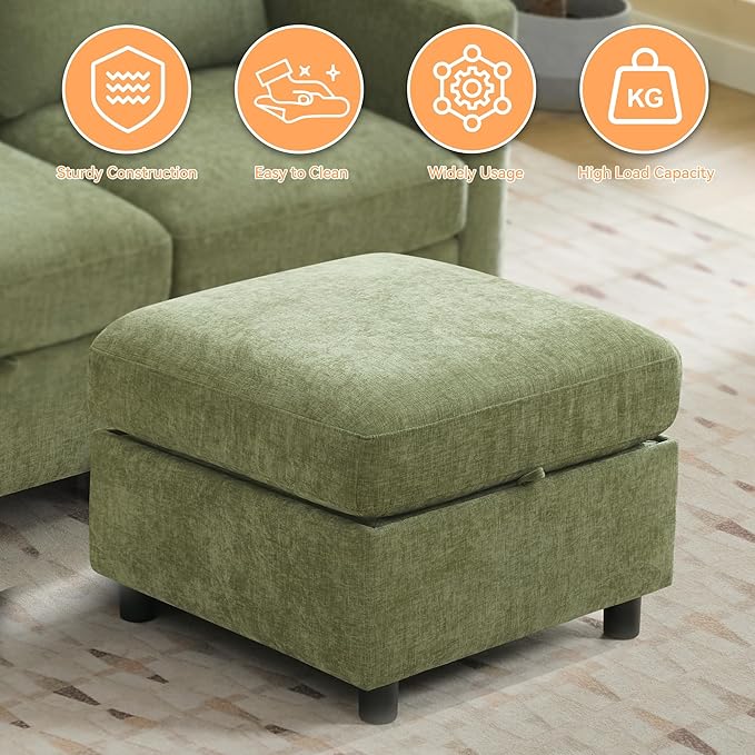 WUTUTUEE 25" Square Storage Ottoman for Modular Sectional Sofa, Convertible Couch Footrest with Hidden Compartment, Chenille Upholstered Coffee Table & Extra Living Room Seating, Green