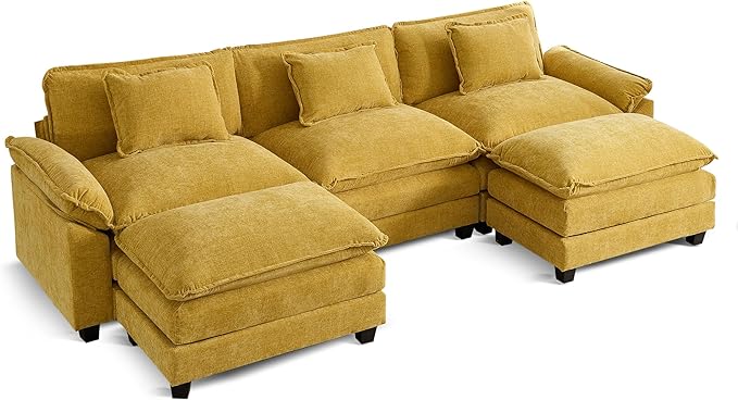 URRED Cloud Couch Modular Sectional Sofa, 122" Modern U Shaped Deep Seat Sofa with 2 Ottomans & Pillows, Ultra Comfy Chenille Couches for Living Room, Bedroom or Apartment, Yellow