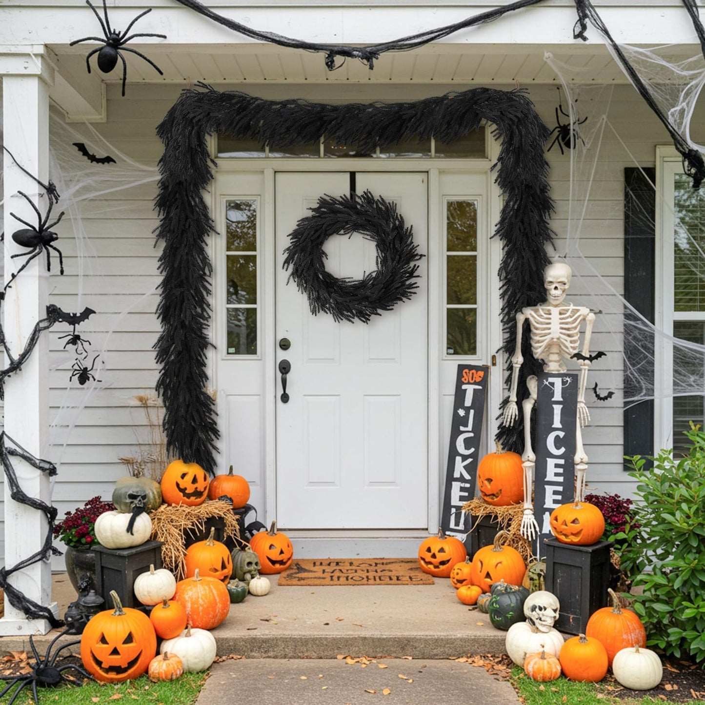 N&T NIETING 5.9FT Halloween Black Artificial Norfolk Pine Garlands Real Touch Pine Garland Faux Garland for Table, Mantle Holiday Fireplace Indoor Outdoor Halloween Decorations