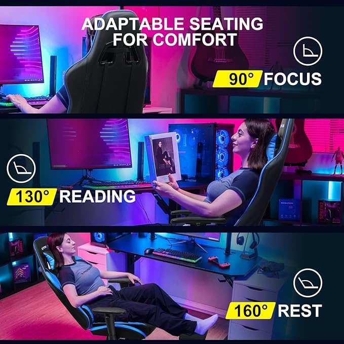 GTPLAYER Gaming Chair with Footrest, Ergonomic Computer Game Desk Chair, Reclining Game Chair Seat Height Adjustment, Swivel Rocker with Headrest and Lumbar (Blue)