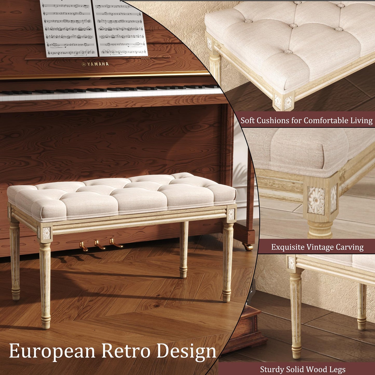 Yusong Upholstered Bench,Bedroom Bench for End of Bed,Piano Bench Dining Bench Entryway Shoe Bench with Button Tufted Padded Seat for Living Room, Vanity Bench Foot-Stool with Carved Wood Legs,Beige