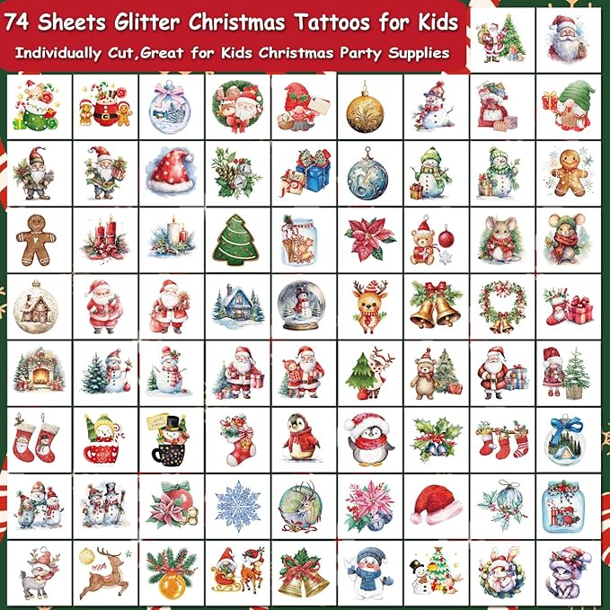 Glitter Christmas Temporary Tattoos for Kids - 74 Individually Sheets for Xmas Party Favors, Stocking Stuffer, Christmas Eve Gift