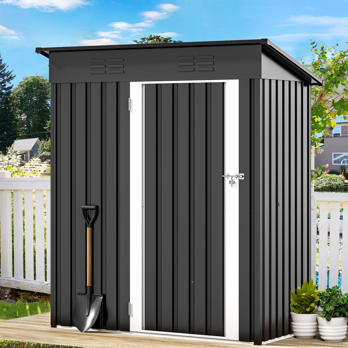 DWVO Outdoor Storage Shed 5 x 3FT, Heavy Duty Metal Tool Sheds Storage House with Lockable Door & Air Vent for Garden, Patio, Lawn to Store Bike, Garbage Can, Lawnmower, Dark Gray