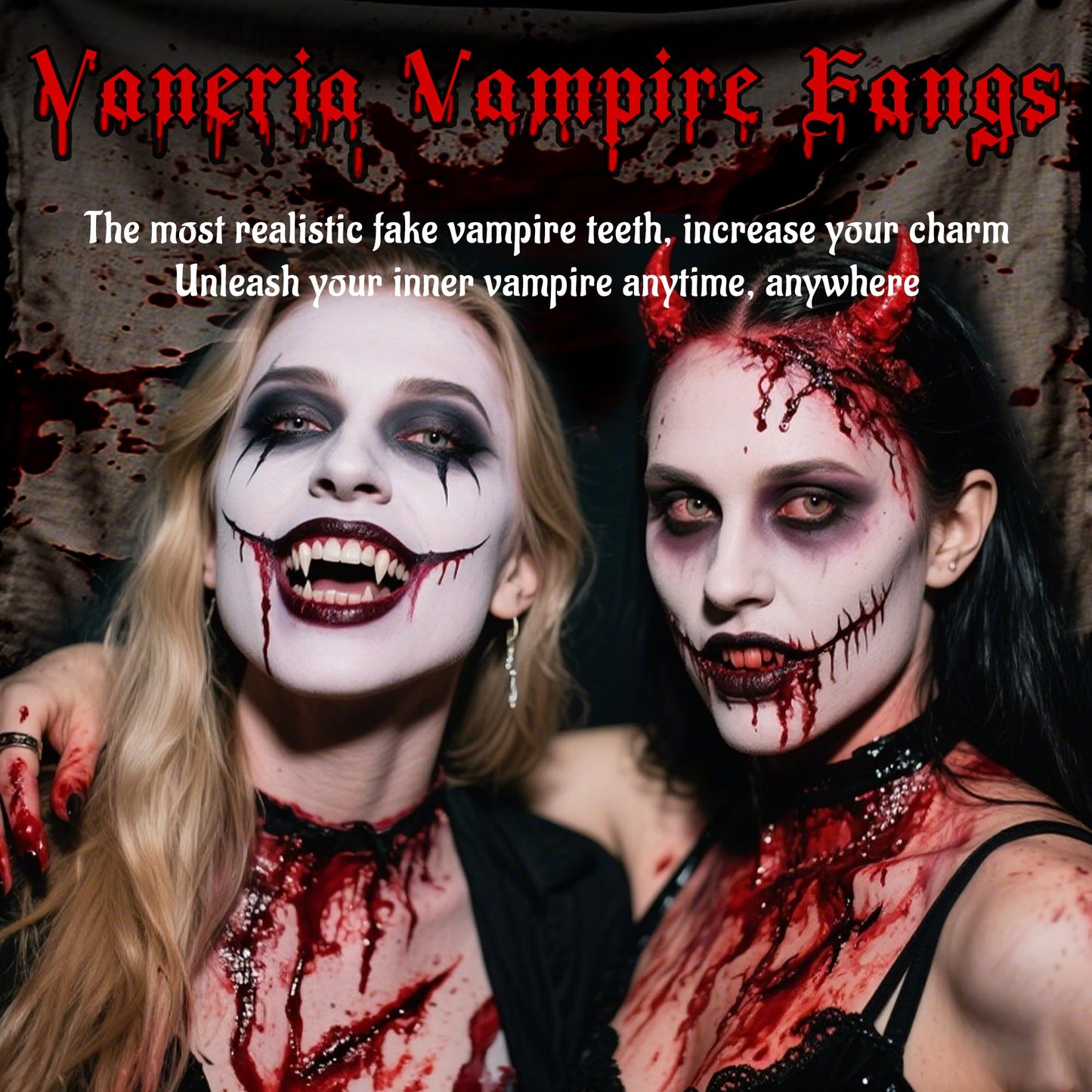 VANERIA 4 Pairs Vampire Fangs,4 Size Fangs For Cosplay Halloween with Tube Solid Adhesive,Vampire Coffin Gift Box Design,Fake Fangs Vegan/Cruelty Free