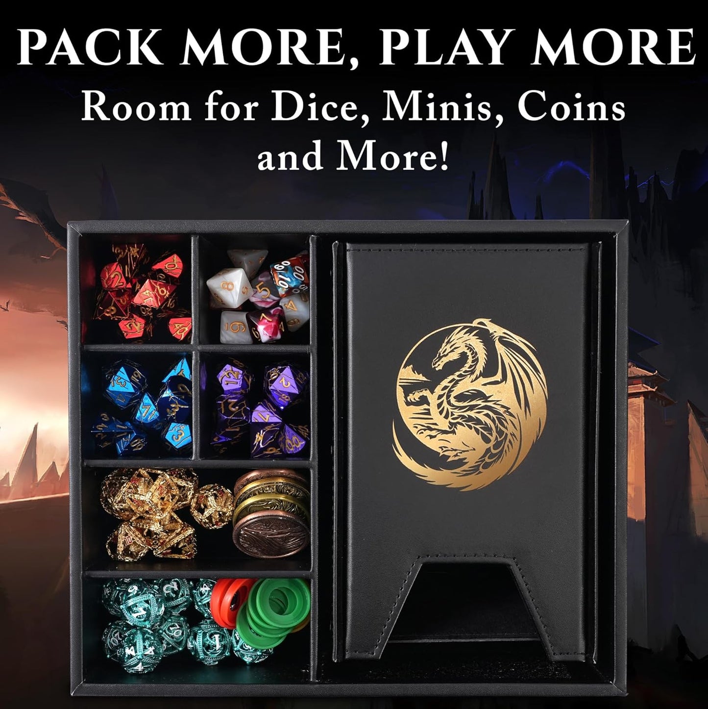 Dice Tray and Dice Tower for DND: All-in-One Tray, Storage & Large Tower for Random Rolls - Stores Your Sets, Mini's etc, Perfect for D&D and RPG Gift Accessories (Gold Dragon)