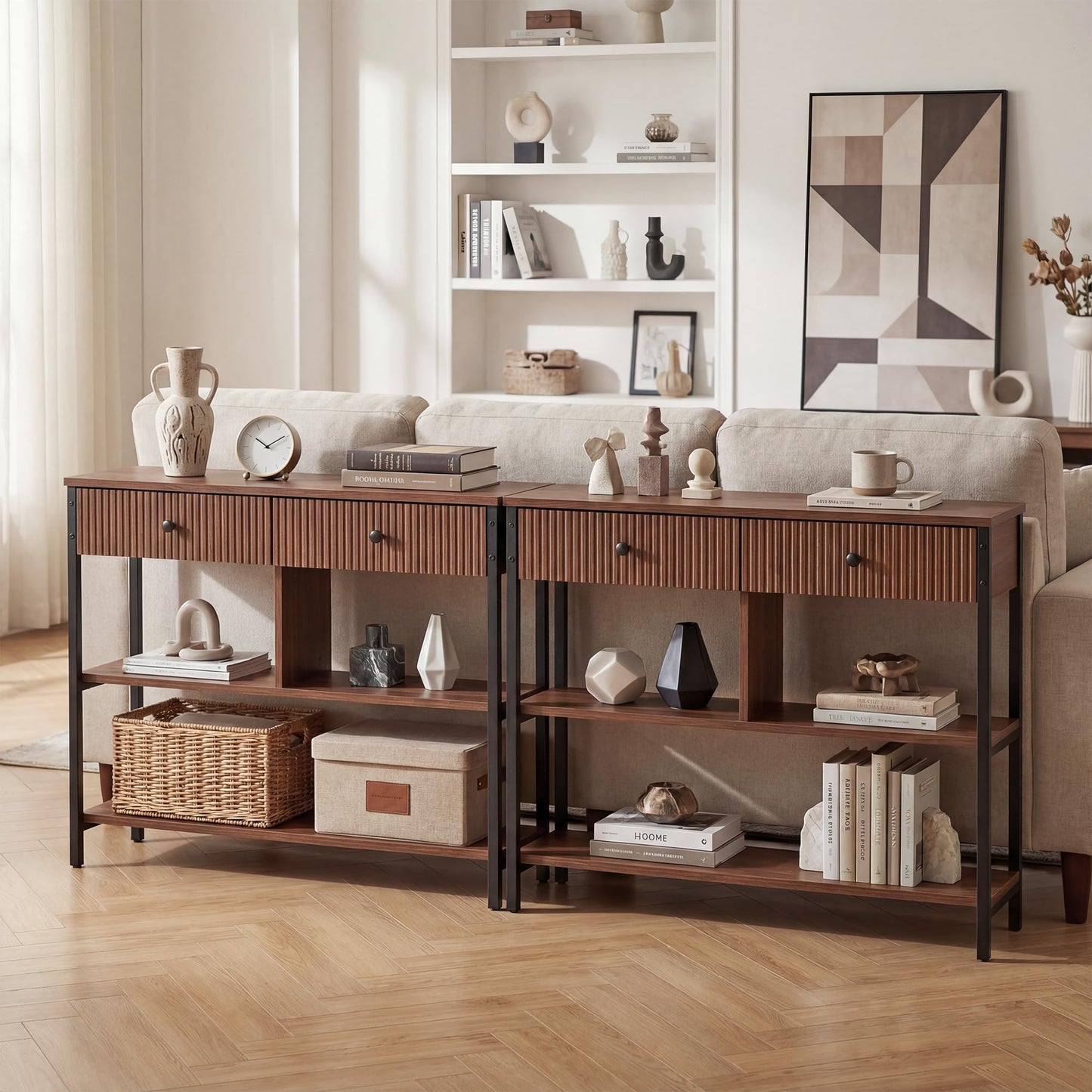 Manora Fluted Console Table with Wooden Drawers, Slim Entryway Table with Open Shelf, Tall Thin Side Table for Couch, Small Sofa Side Table for Hall, Hallway, Bedroom, Living Room, Foyer, Walnut