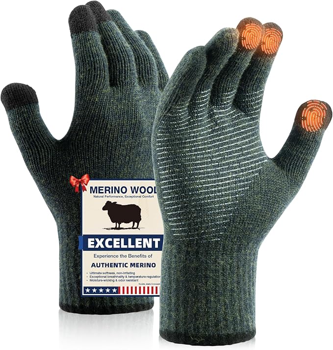 Merino Wool Gloves for Men Women Touch Screen Warm Anti-Slip Glove Liners Thermal for Driving Hiking