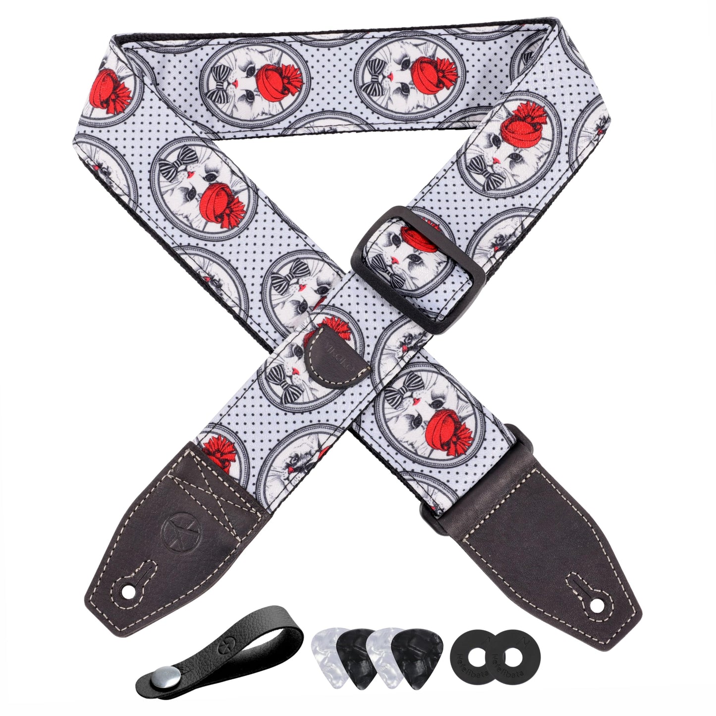 YIKOKO Guitar Strap 2, Cotton Print Cat Guitar Straps with Full Grain Leather End, for Bass, Electric and Acoustic Guitars, Free