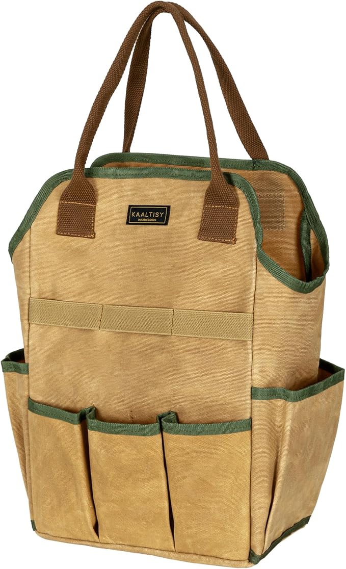 Canvas Tool Bag, 16OZ Waxed Canvas Garden Tool Tote - with 3 Inner Slots & 8 Outer Pockets & Portable Handle, Gardening Tool Storage Bag for Gardener Florist Workshop - Khaki