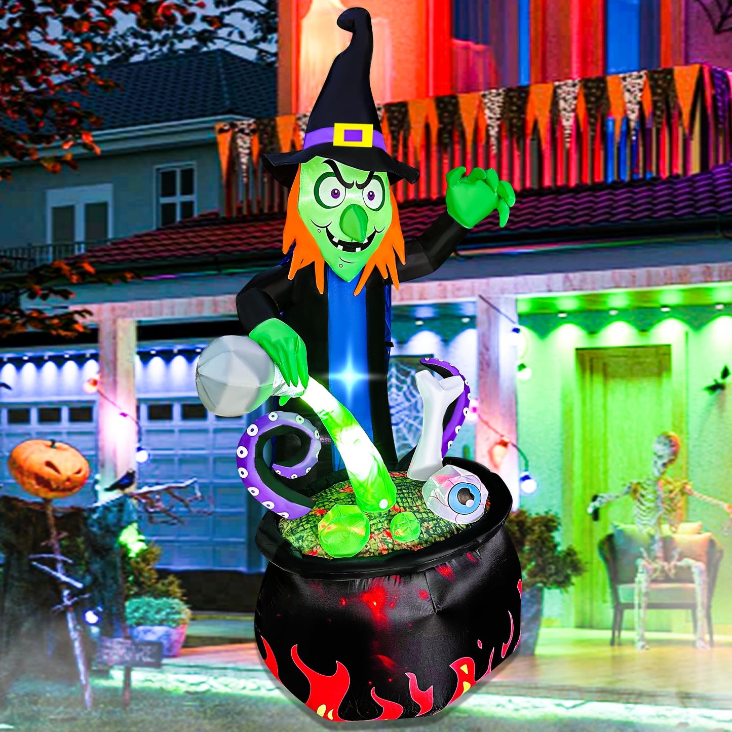 BLOWOUT FUN 6 Ft Halloween Inflatable Outdoor Decoration Witch with Cauldron Pot Blow Up Inflatables Halloween Decorations with Build-in LEDs for Home Yard Lawn Garden Party Decor