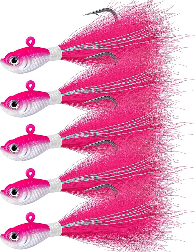 Alwonder 5-Pack Bucktail Jigs Hair Jigs Saltwater Freshwater Fishing Bucktail Lures Surf Fishing Jig Heads White Luminous ...