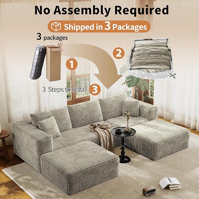 Fancyfire 108" Cloud Modular Sectional Couch with 2 Ottoman,Ultimate Comfort U-Shaped Deep Seat Sofa,Boneless Couch Upholstered 3-Seater Sofas for Living Room, No Assembly Required(Khaki)